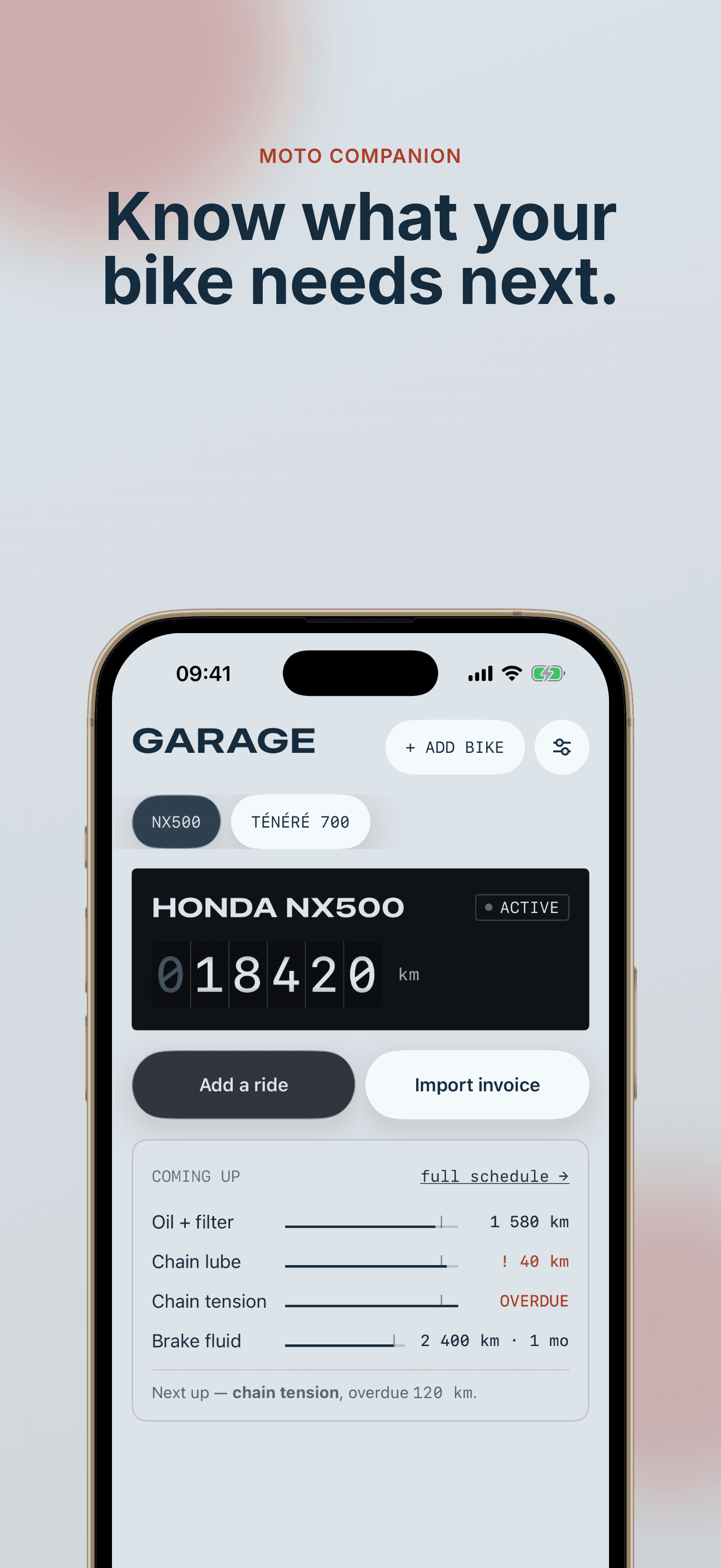 Garage screen with a Honda NX500 card, odometer at 18 420 km, and the next services coming up