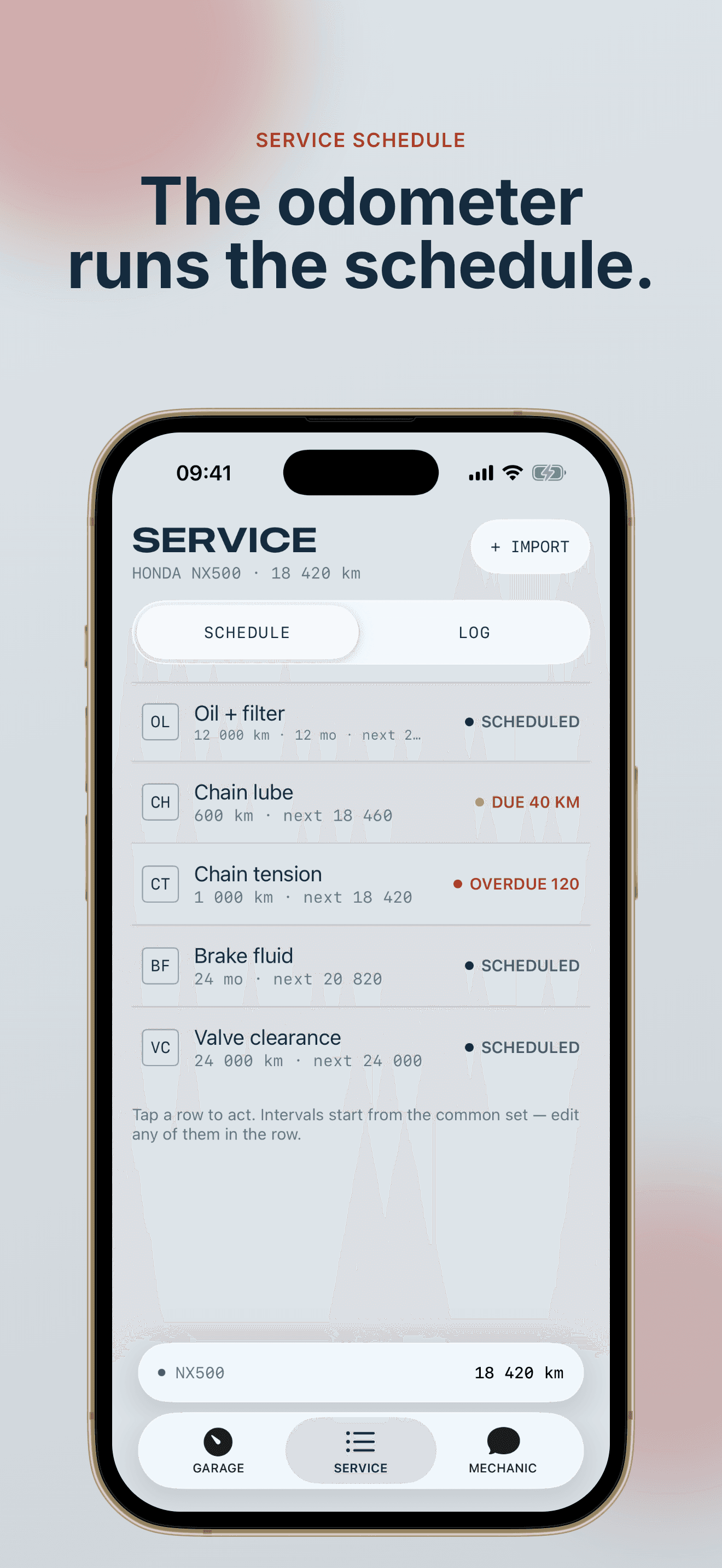 Service screen with task countdowns — chain lube due in 40 km, chain tension overdue by 120 km