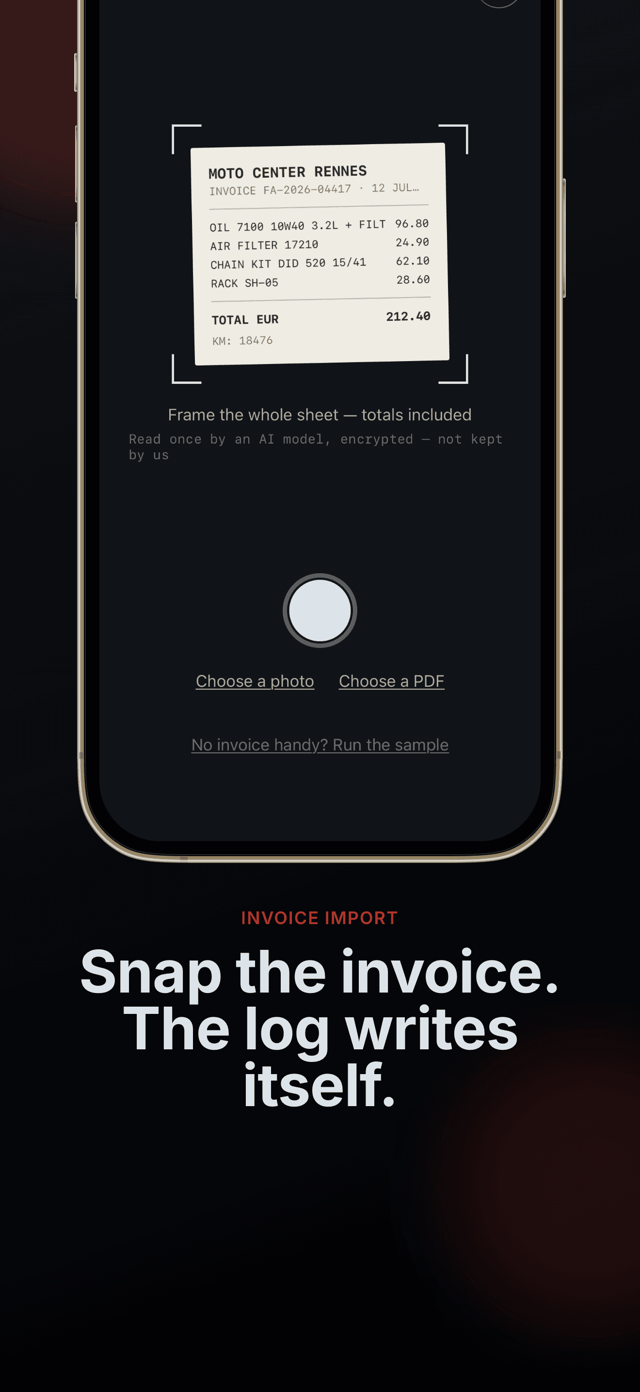 Invoice import review with parsed line items, confidence scores, and an odometer correction
