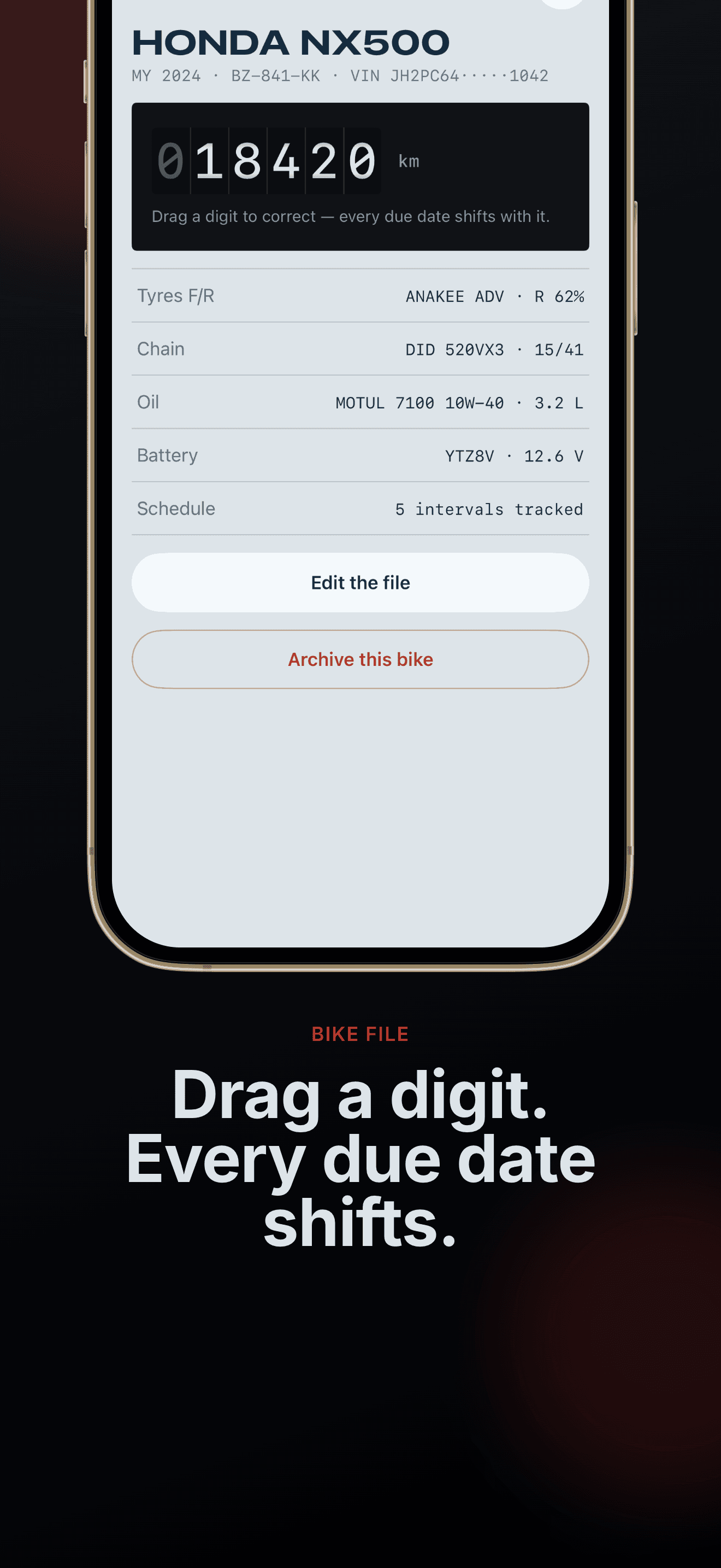 Bike file with the drag-editable odometer drum above the bike's data plate