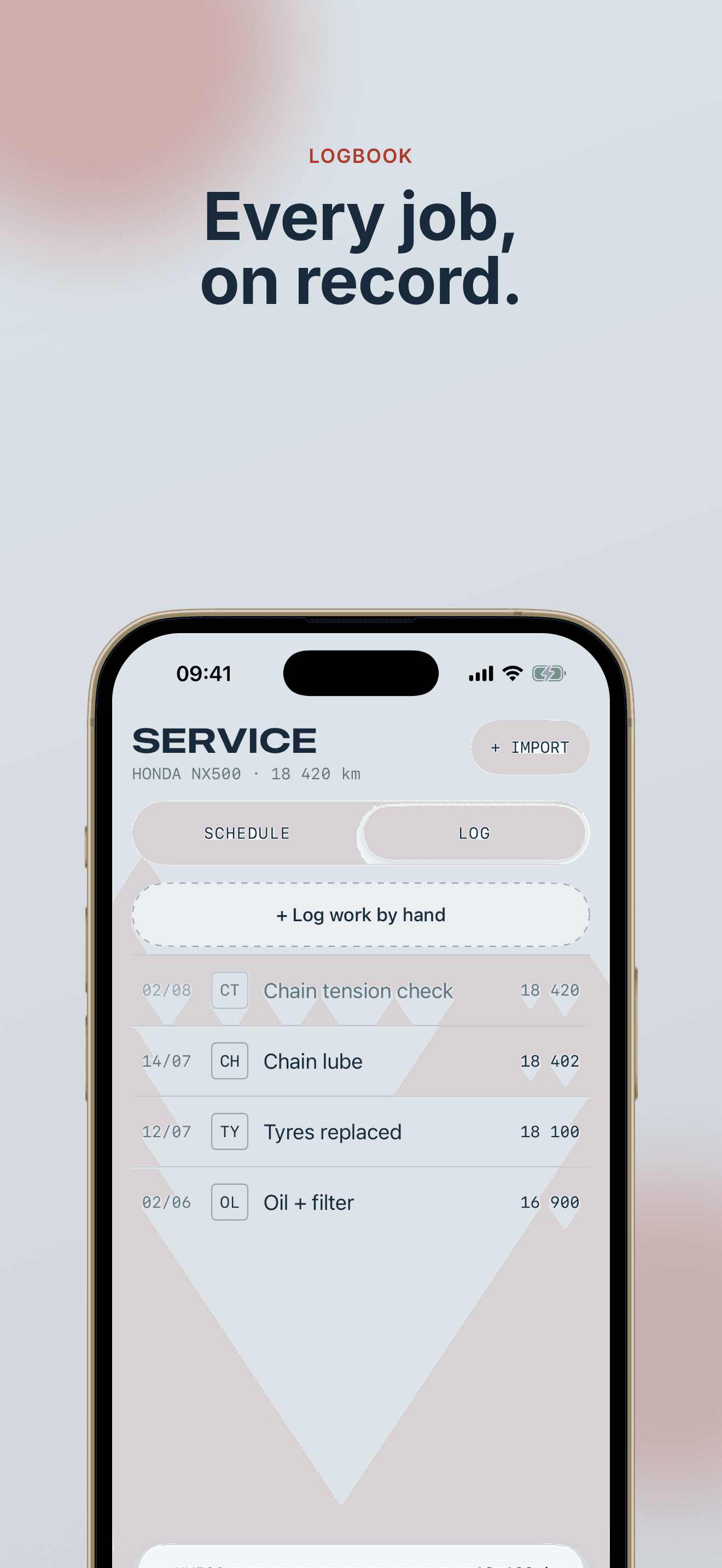 Logbook with service history entries, newest first